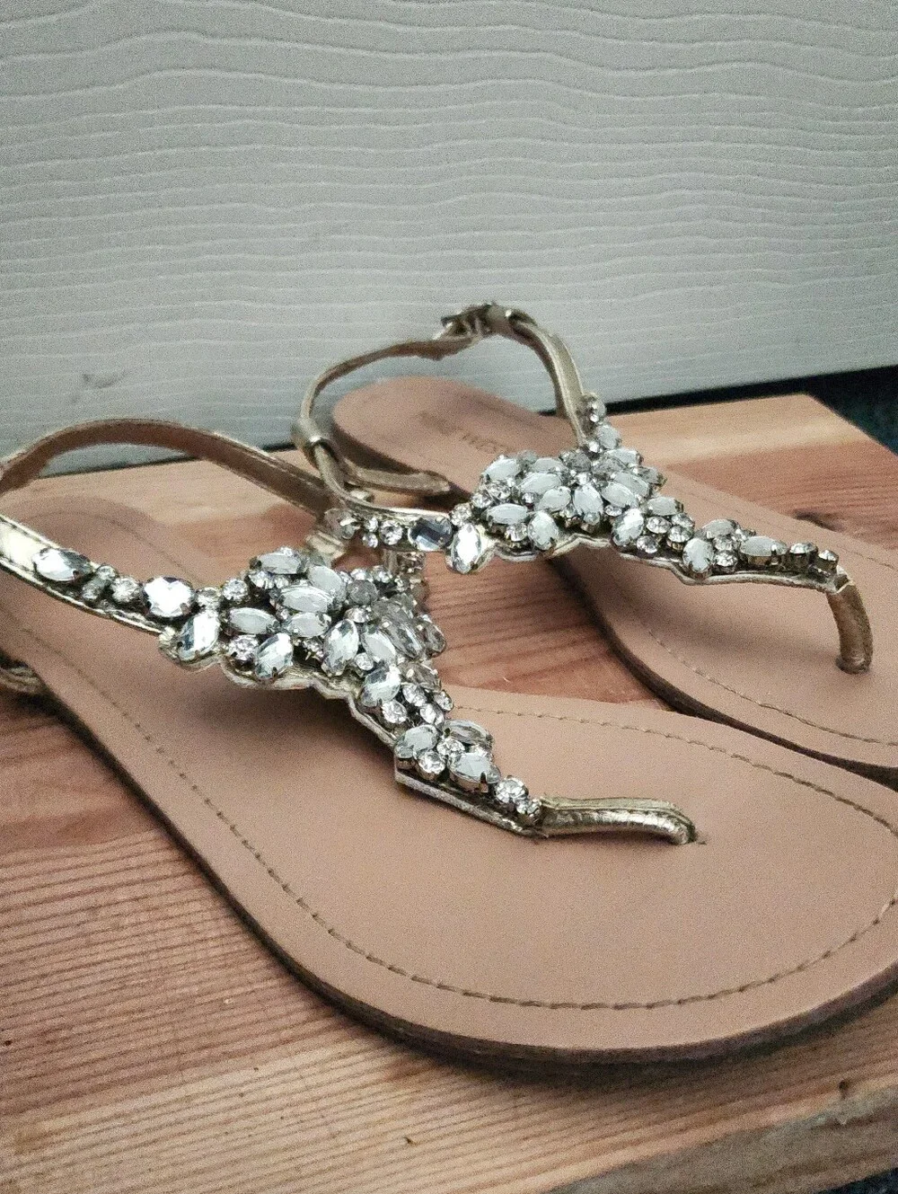 Embellished Gold T-Strap Sandals - Women